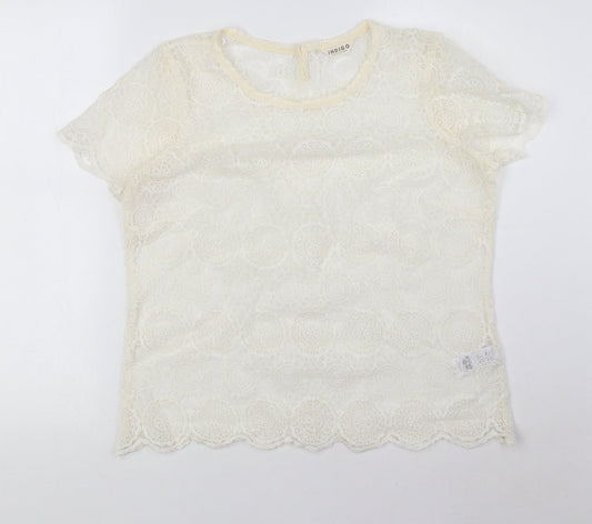 Indigo Womens Ivory Polyamide Basic T-Shirt Size 14 Round Neck - Lace, Sheer