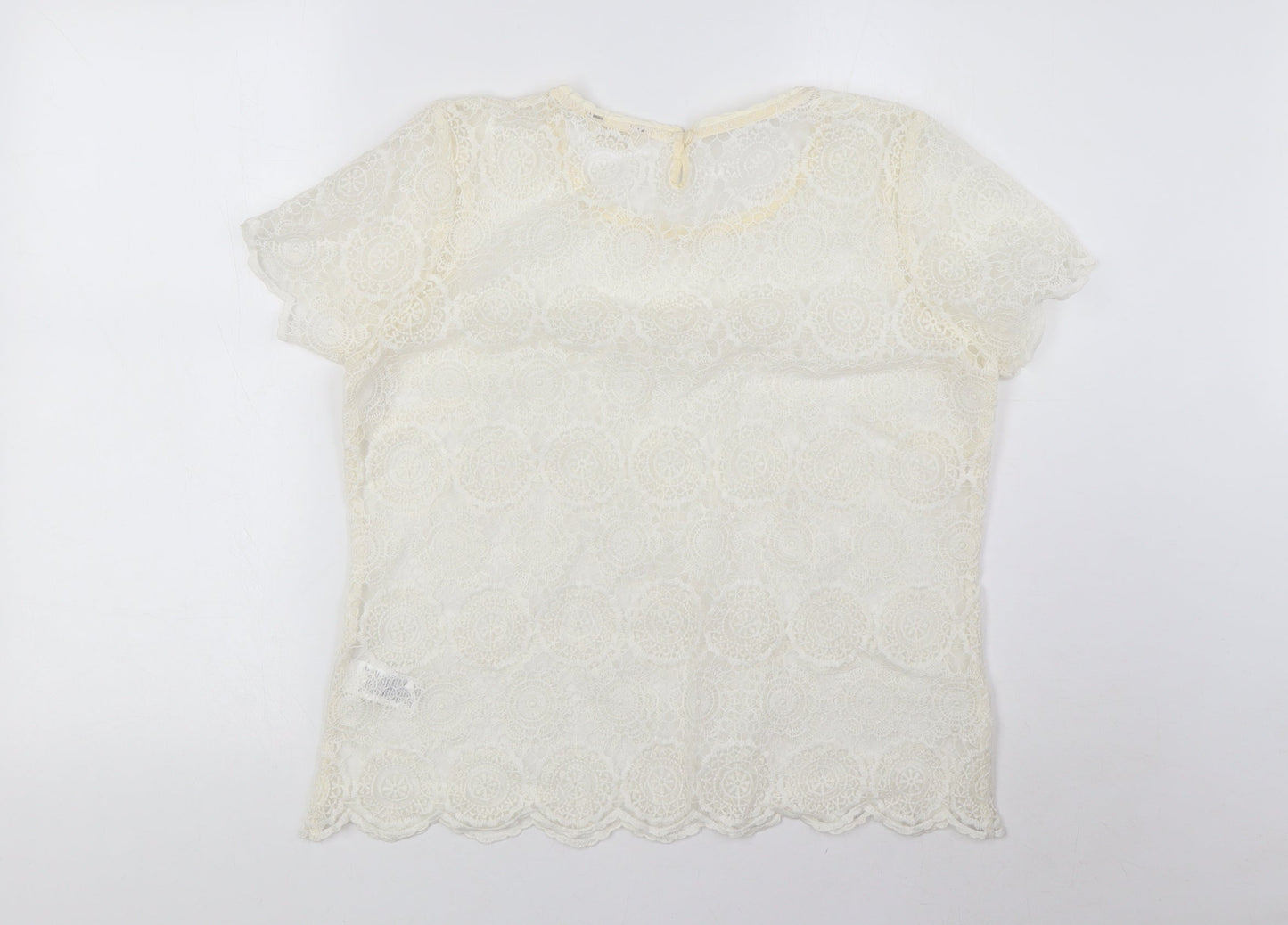 Indigo Womens Ivory Polyamide Basic T-Shirt Size 14 Round Neck - Lace, Sheer