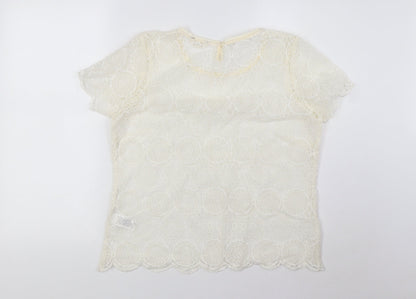 Indigo Womens Ivory Polyamide Basic T-Shirt Size 14 Round Neck - Lace, Sheer