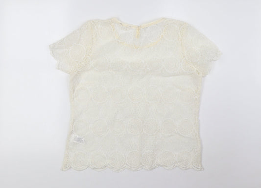 Indigo Womens Ivory Polyamide Basic T-Shirt Size 14 Round Neck - Lace, Sheer