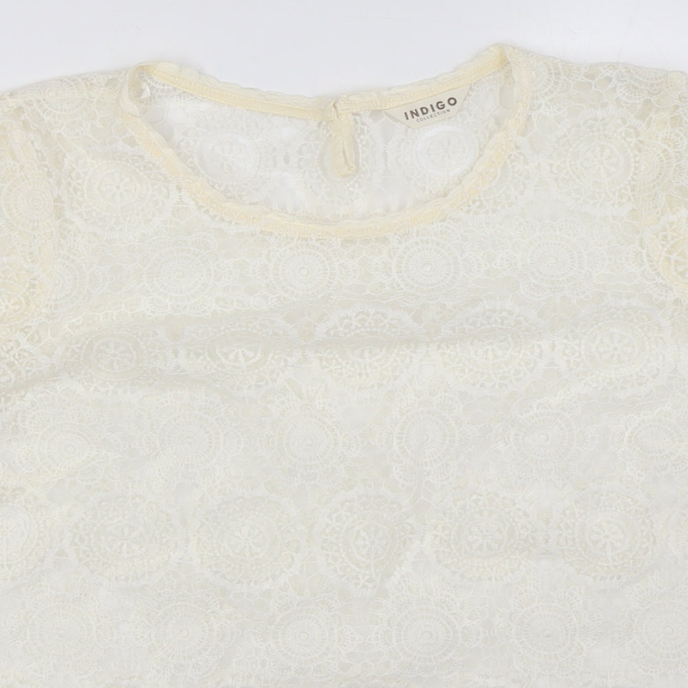 Indigo Womens Ivory Polyamide Basic T-Shirt Size 14 Round Neck - Lace, Sheer