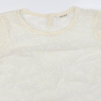 Indigo Womens Ivory Polyamide Basic T-Shirt Size 14 Round Neck - Lace, Sheer