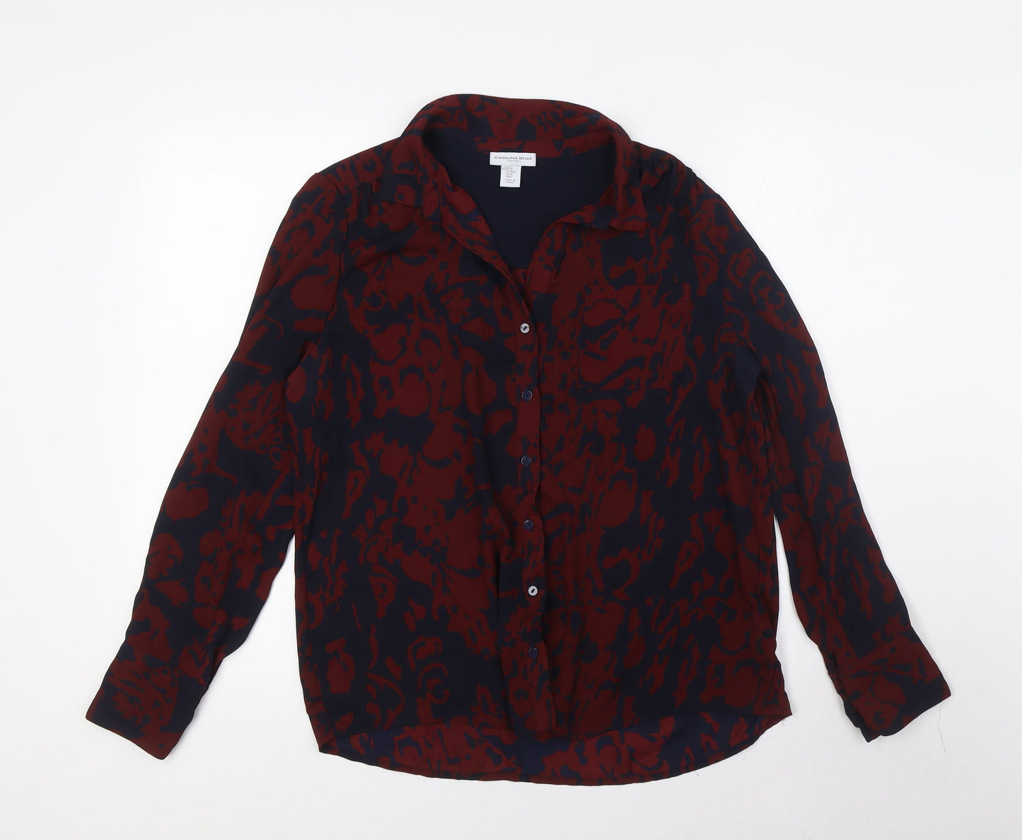 Caroline Belle Womens Blue Animal Print Polyester Basic Button-Up Size M Collared