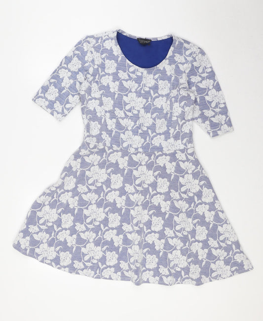 Topshop Womens Blue Floral Polyester A-Line Size 10 Scoop Neck