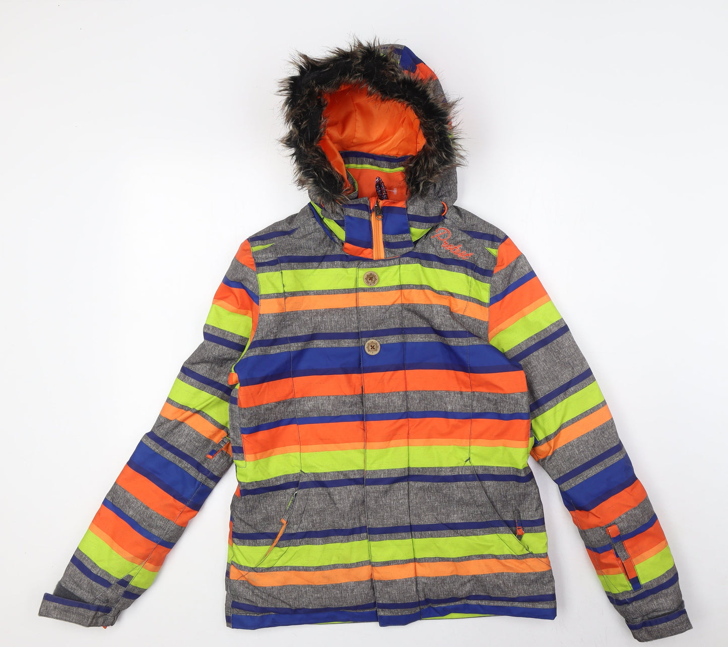 Protest Boys Multicoloured Striped Ski Jacket Jacket Size XS Zip - Fue Fur Hood Trim