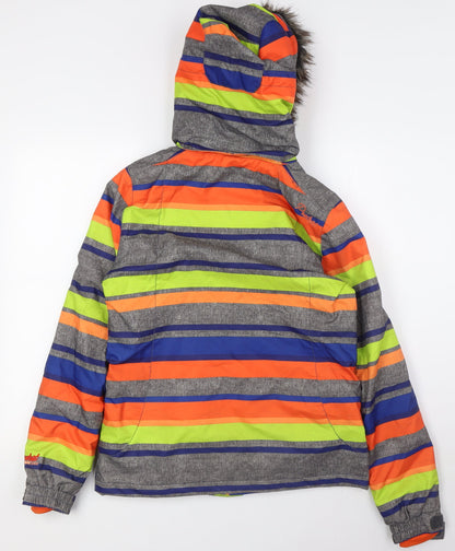 Protest Boys Multicoloured Striped Ski Jacket Jacket Size XS Zip - Fue Fur Hood Trim
