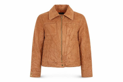 Front view of Sfera women’s orange jacket, size L, zip - suede effect