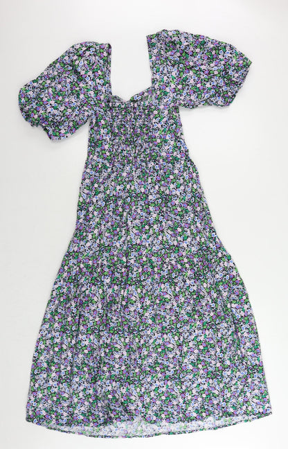Marks and Spencer Womens Multicoloured Floral Cotton A-Line Size 8 Square Neck Pullover - Puff Sleeve