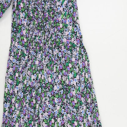 Marks and Spencer Womens Multicoloured Floral Cotton A-Line Size 8 Square Neck Pullover - Puff Sleeve