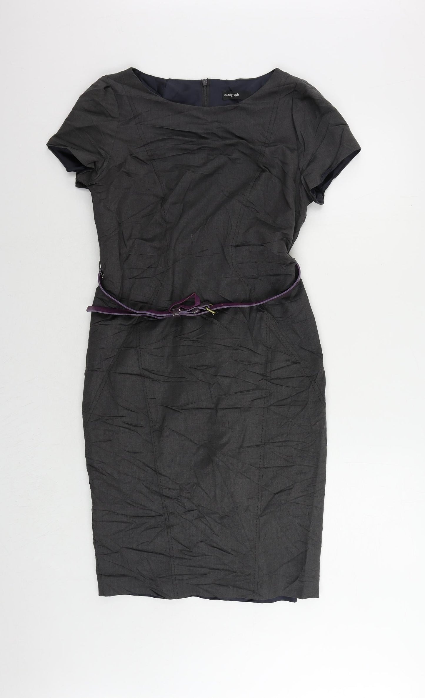 Autograph Womens Grey Viscose Pencil Dress Size 8 Boat Neck Zip - Belted