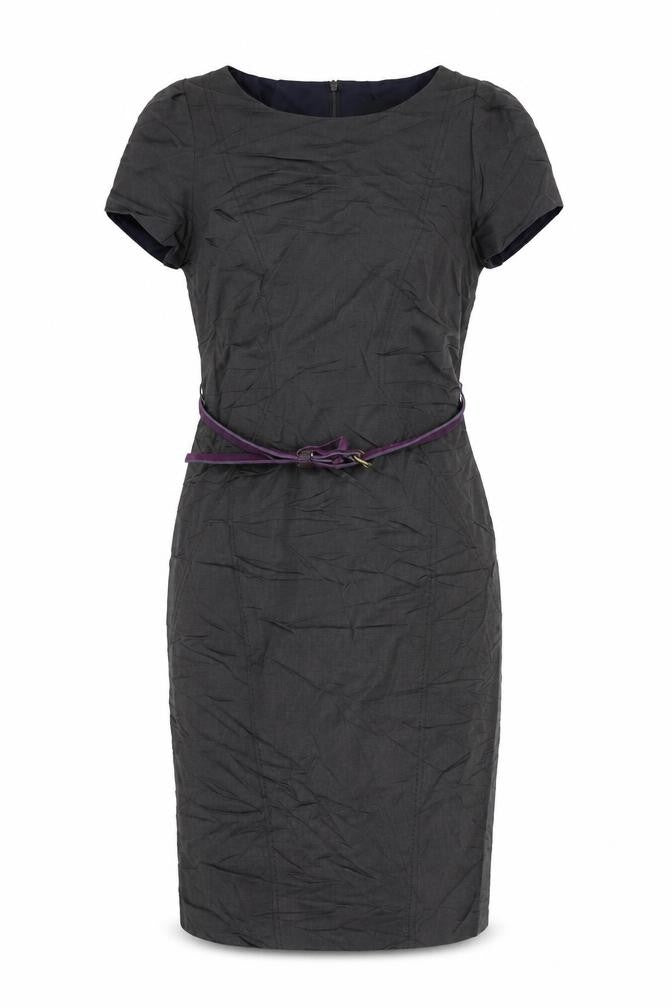 Front view of Autograph women’s grey viscose pencil dress, size UK 8, boat neck zip - belted