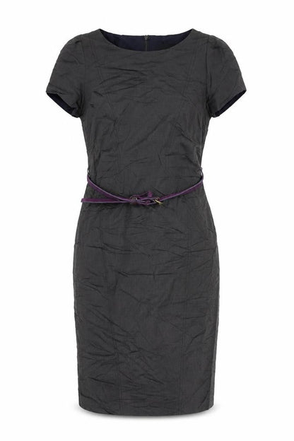 Front view of Autograph women’s grey viscose pencil dress, size UK 8, boat neck zip - belted
