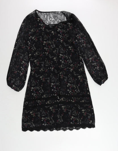 Label Lab Womens Black Floral Polyester A-Line Size 6 V-Neck Button - Lace Detail