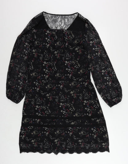 Label Lab Womens Black Floral Polyester A-Line Size 6 V-Neck Button - Lace Detail