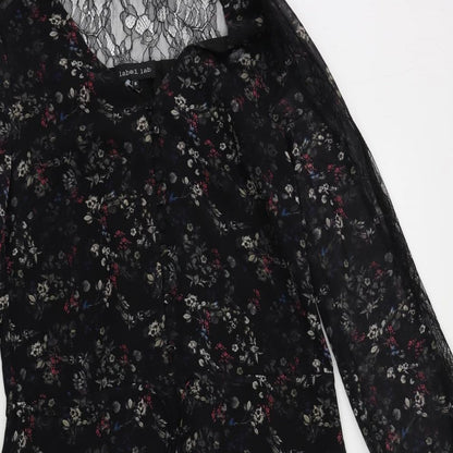 Label Lab Womens Black Floral Polyester A-Line Size 6 V-Neck Button - Lace Detail