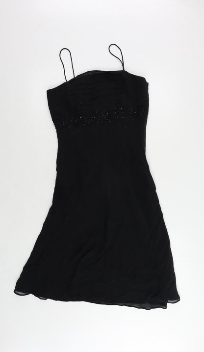 Kaliko Womens Black Silk Slip Dress Size 12 Square Neck Zip - Embellished