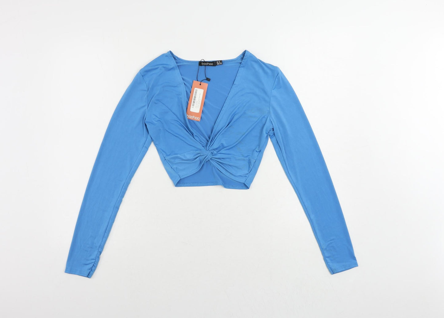 Boohoo Womens Black Polyester Cropped Button-Up Size 10 V-Neck