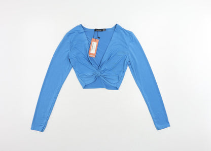 Boohoo Womens Black Polyester Cropped Button-Up Size 10 V-Neck