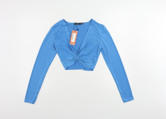 Boohoo Womens Black Polyester Cropped Button-Up Size 10 V-Neck