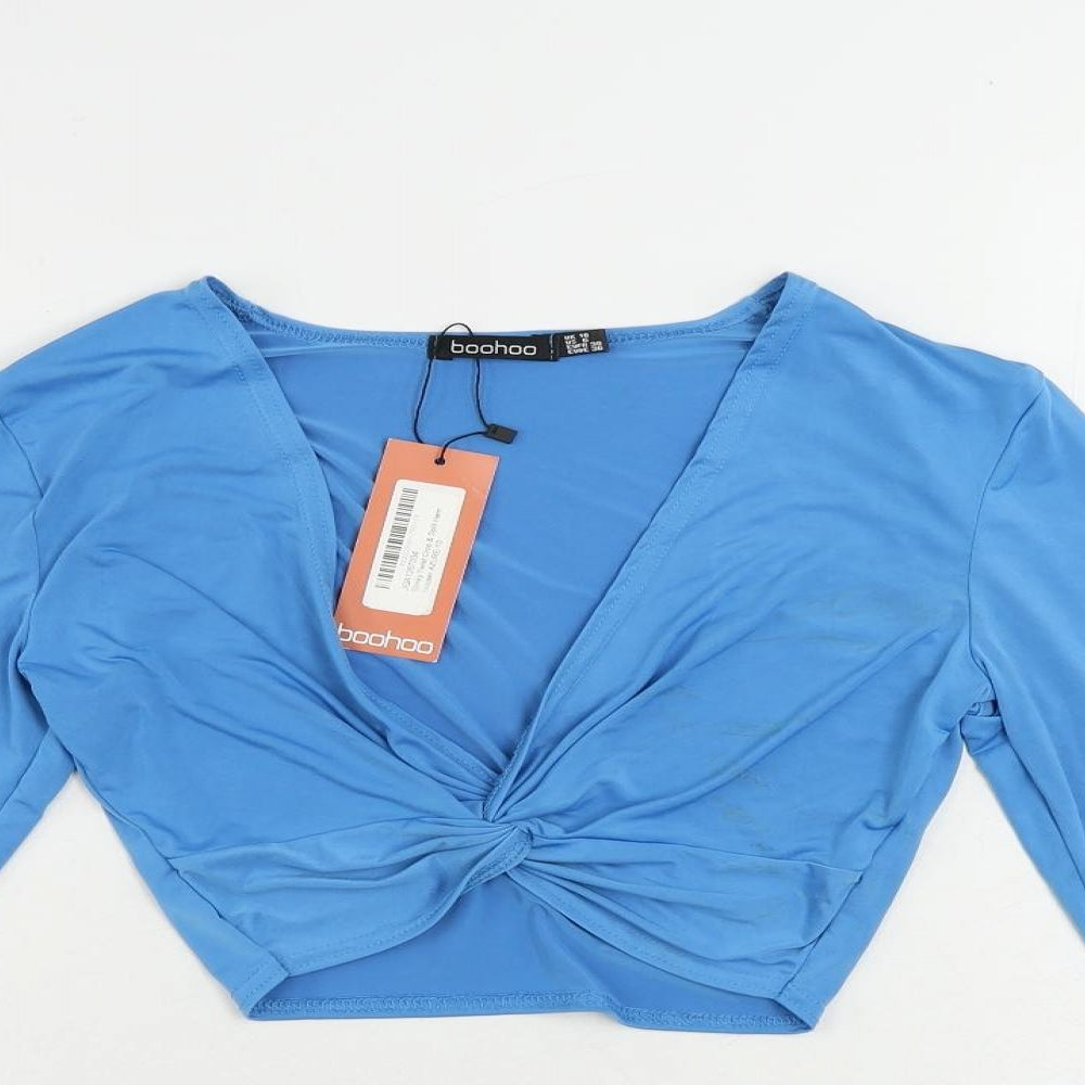 Boohoo Womens Black Polyester Cropped Button-Up Size 10 V-Neck