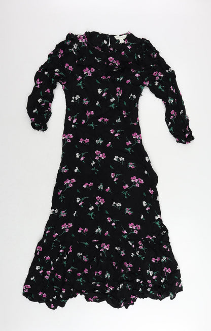 Marks and Spencer Womens Black Floral Viscose A-Line Size 8 Round Neck Button