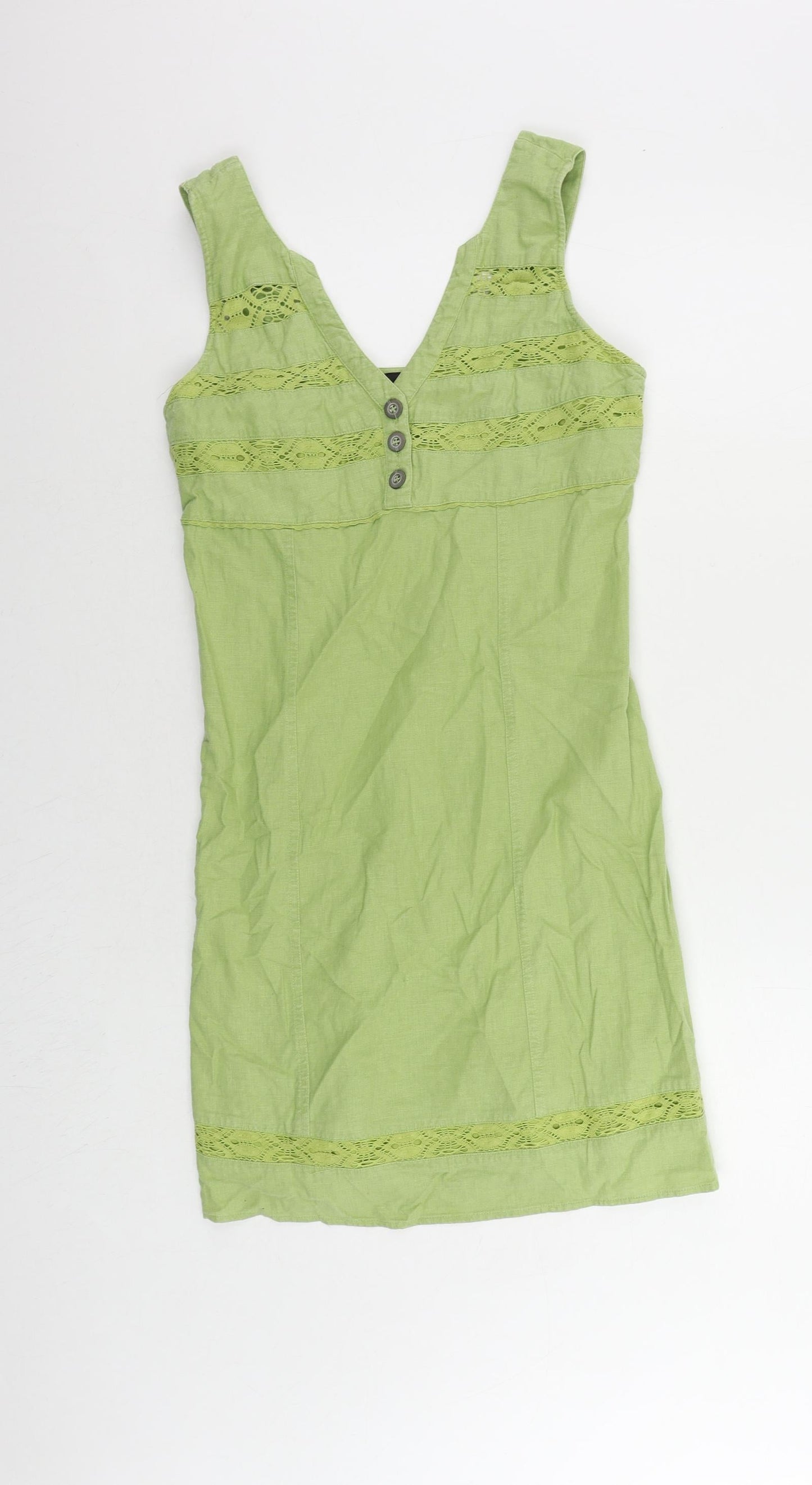 NEXT Womens Green Linen Tank Dress Size 8 V-Neck Button