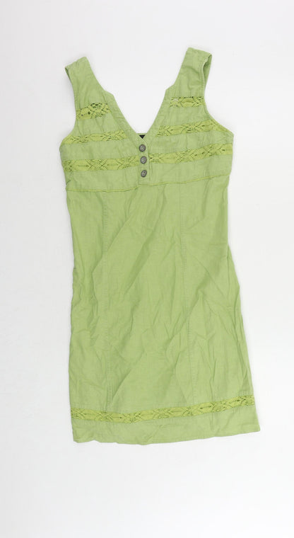 NEXT Womens Green Linen Tank Dress Size 8 V-Neck Button