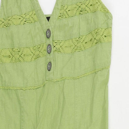 NEXT Womens Green Linen Tank Dress Size 8 V-Neck Button