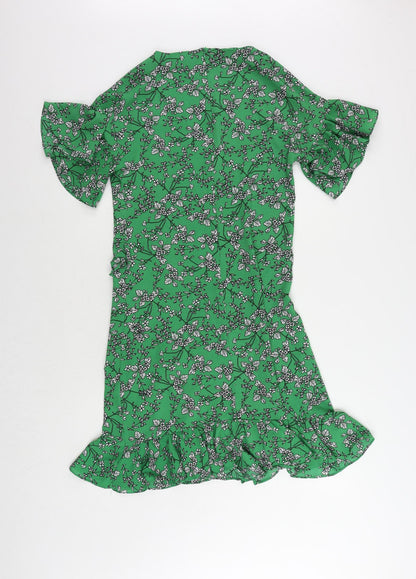 Yumi Womens Green Floral Polyester Sheath Size 8 Round Neck Zip - Ruffle