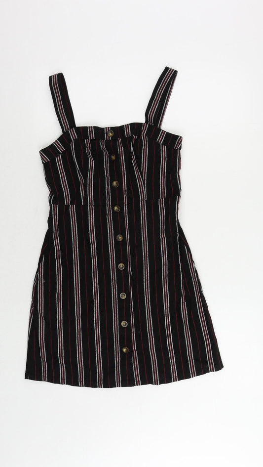 Hollister Womens Black Striped Cotton Pinafore/Dungaree Dress Size S Square Neck Button