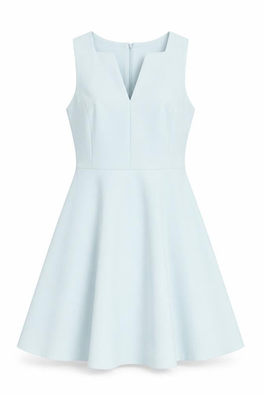 Front view of Miss Selfridge women’s blue polyester skater dress, size UK 14, v-neck zip