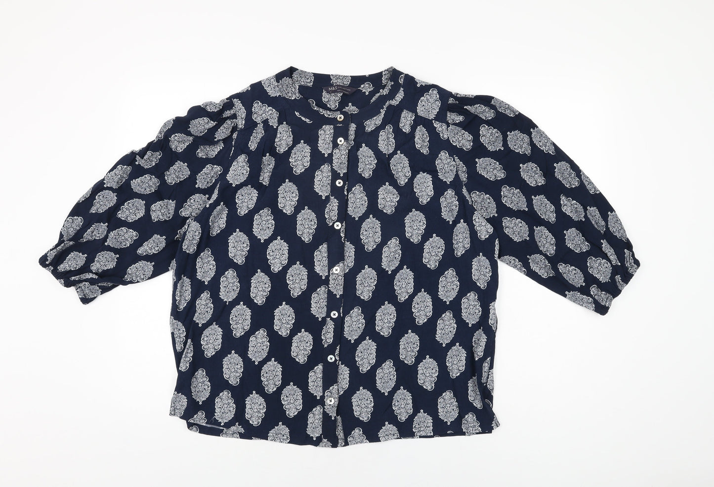 Marks and Spencer Womens Blue Geometric Viscose Basic Button-Up Size 12 Round Neck