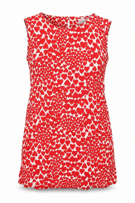 Front view of Be Beau women’s red geometric viscose shift, size UK 16, round neck zip