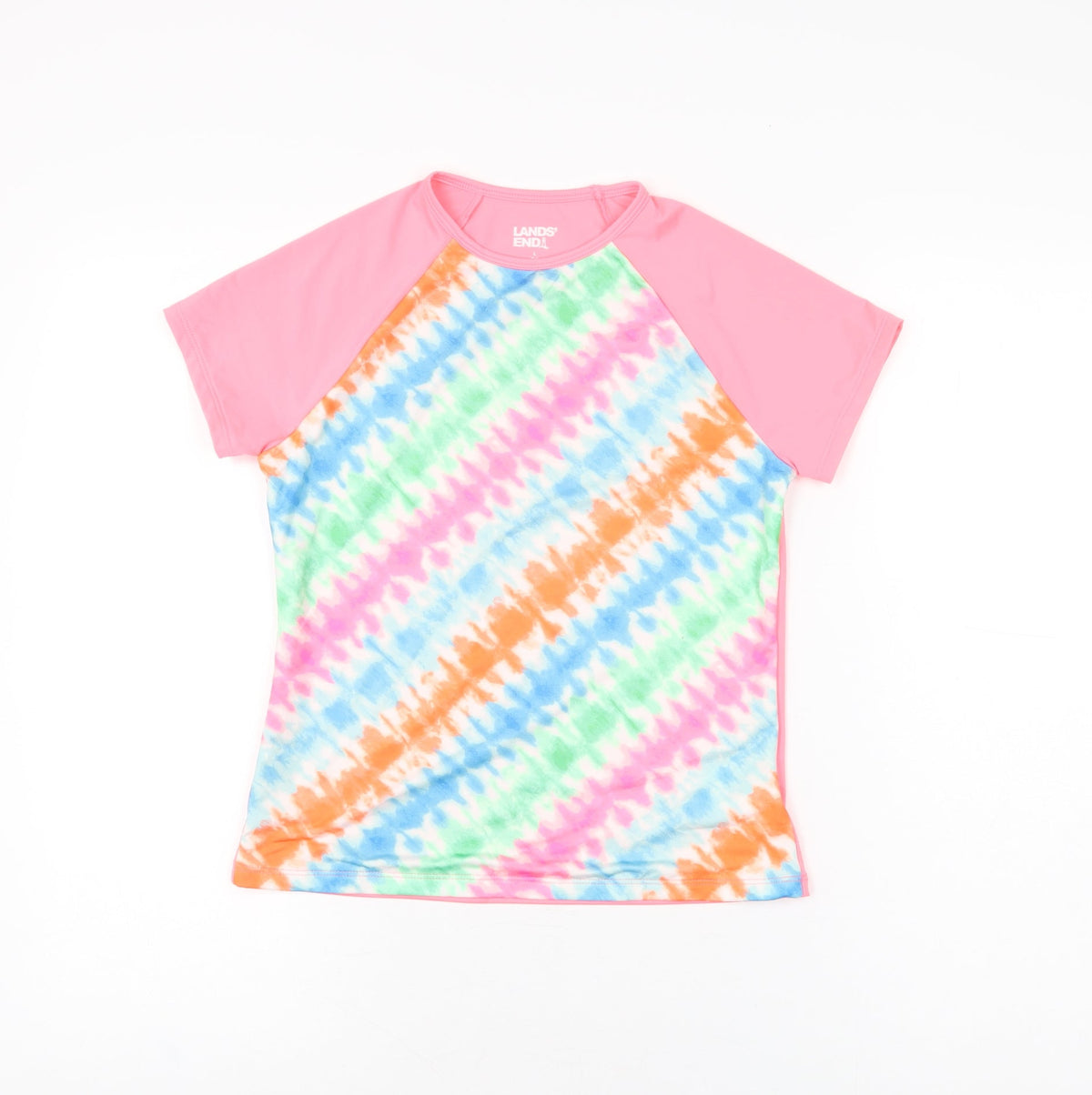 Additional front view of Lands' End girls’ pink geometric polyester basic t-shirt, size L, round neck pullover