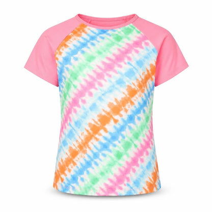 Front view of Lands' End girls’ pink geometric polyester basic t-shirt, size L, round neck pullover