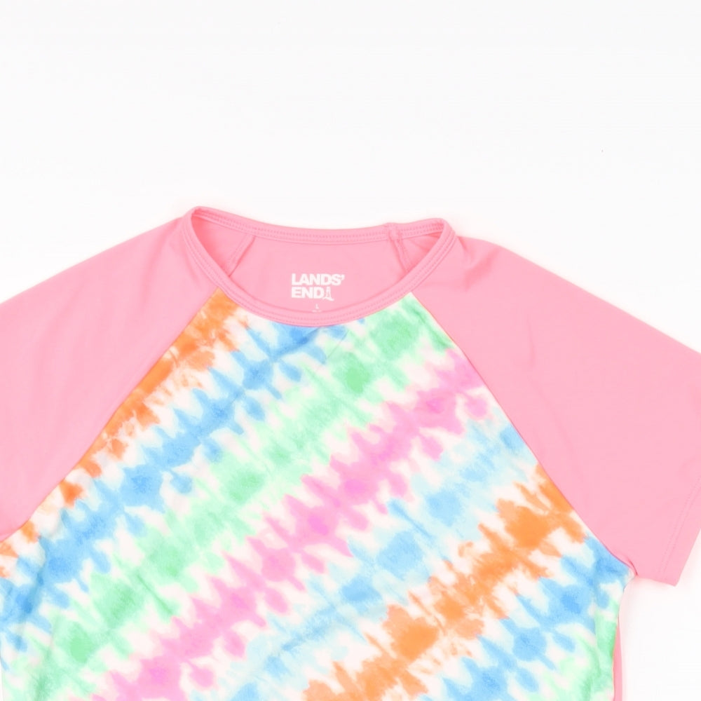 Close-up detail of Lands' End girls’ pink geometric polyester basic t-shirt, size L, round neck pullover
