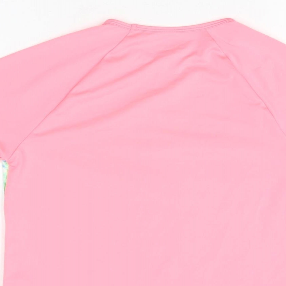 Brand and care label for Lands' End girls’ pink geometric polyester basic t-shirt, size L, round neck pullover