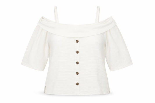 Front view of Soon women’s white cotton basic blouse, size UK 16, off the shoulder