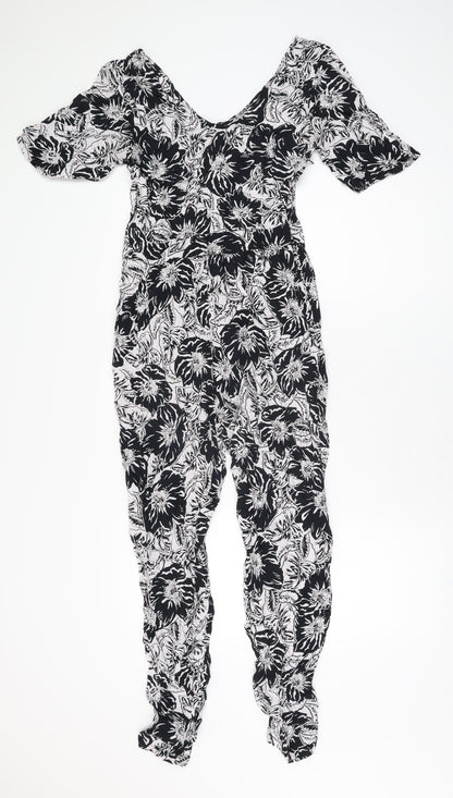 Neon Rose Womens Black Floral Viscose Jumpsuit One-Piece Size 10 L28 in Zip