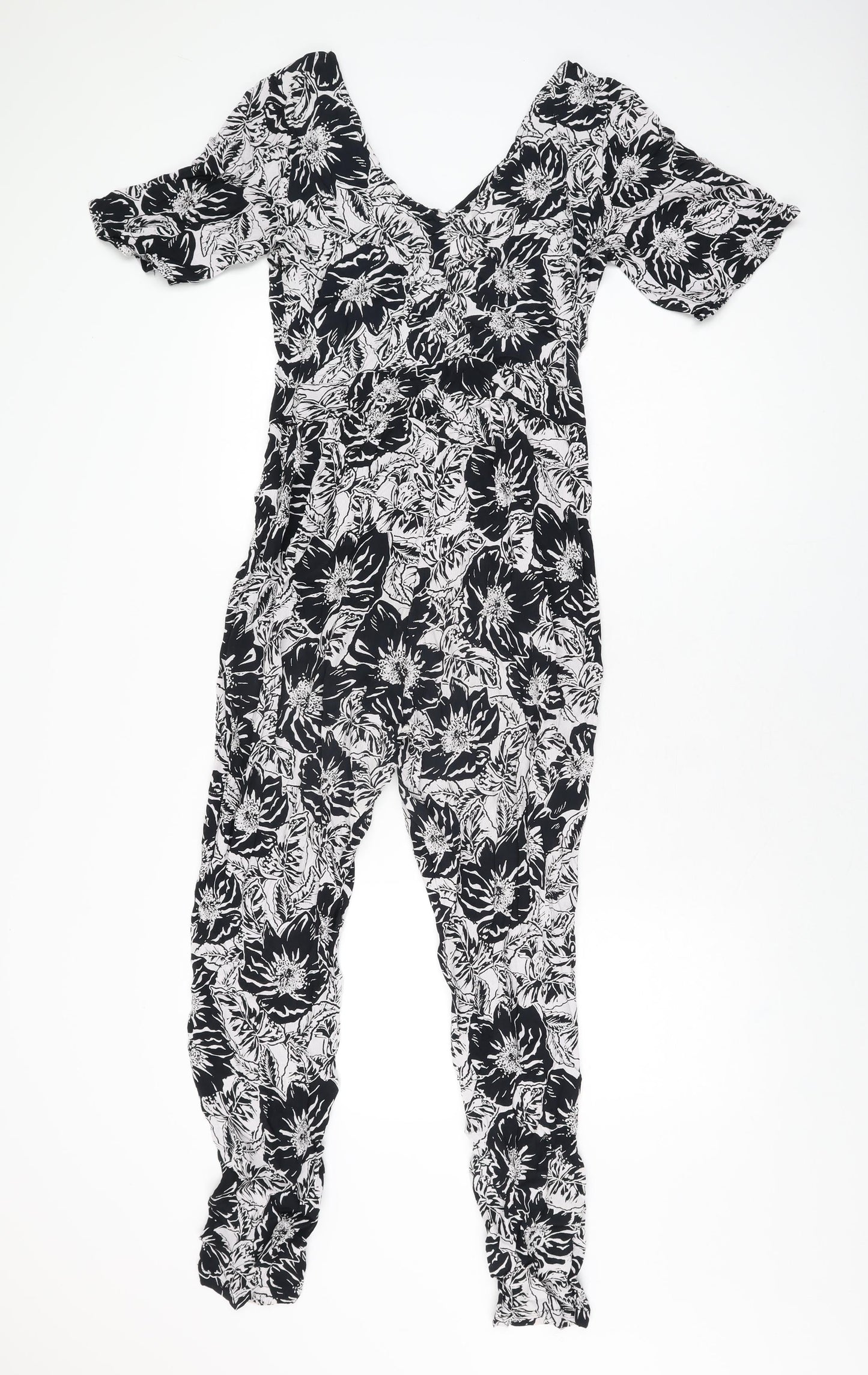 Neon Rose Womens Black Floral Viscose Jumpsuit One-Piece Size 10 L28 in Zip