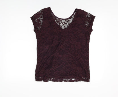 Dorothy Perkins Womens Purple Floral Polyester Basic T-Shirt Size 14 Round Neck