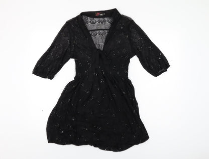 Yumi Womens Black Geometric Polyester Mini Size S V-Neck Pullover - Size S/M