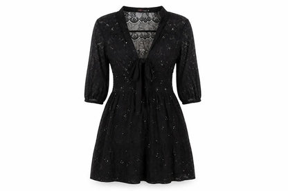 Yumi Womens Black Geometric Polyester Mini Size S V-Neck Pullover - Size S/M
