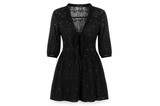 Yumi Womens Black Geometric Polyester Mini Size S V-Neck Pullover - Size S/M