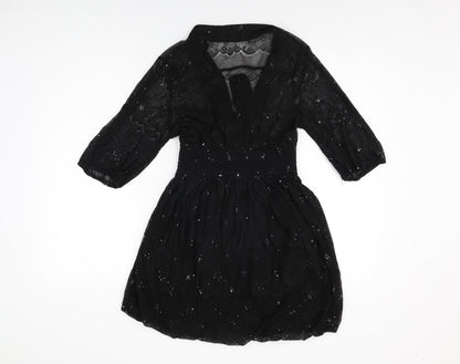 Yumi Womens Black Geometric Polyester Mini Size S V-Neck Pullover - Size S/M