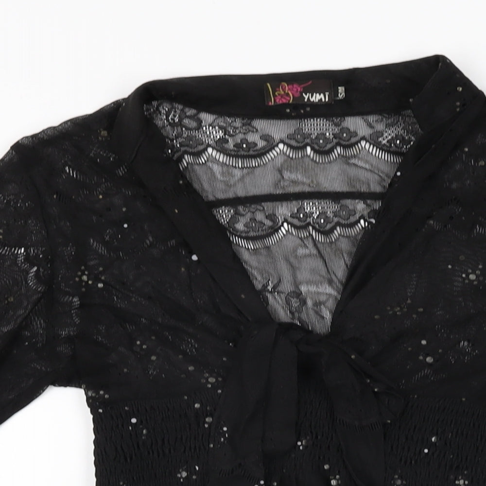 Yumi Womens Black Geometric Polyester Mini Size S V-Neck Pullover - Size S/M