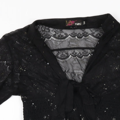 Yumi Womens Black Geometric Polyester Mini Size S V-Neck Pullover - Size S/M