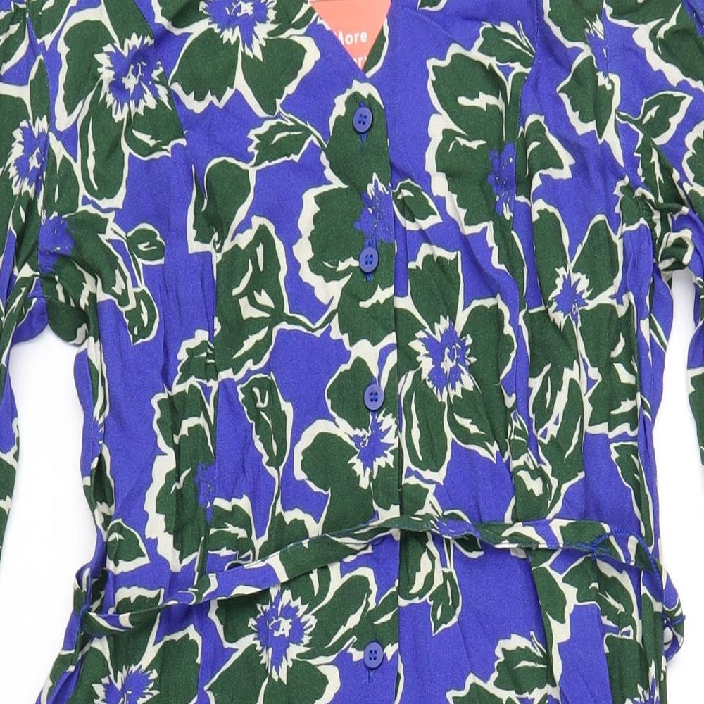 Finery Womens Blue Geometric Viscose A-Line Size 10 V-Neck Button