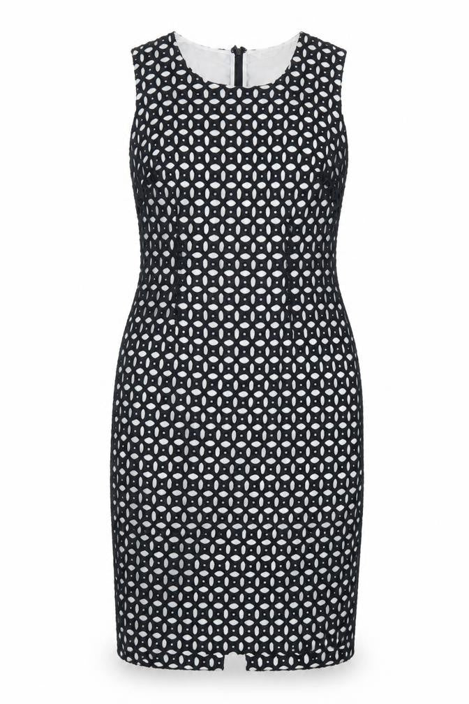 Precis Womens Black Geometric Cotton Pencil Dress Size 6 Round Neck Zip