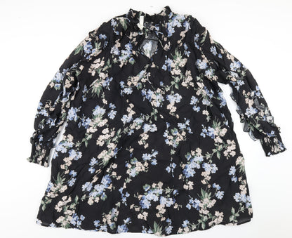 H&M Womens Black Floral Viscose Trapeze & Swing Size L Mock Neck Tie